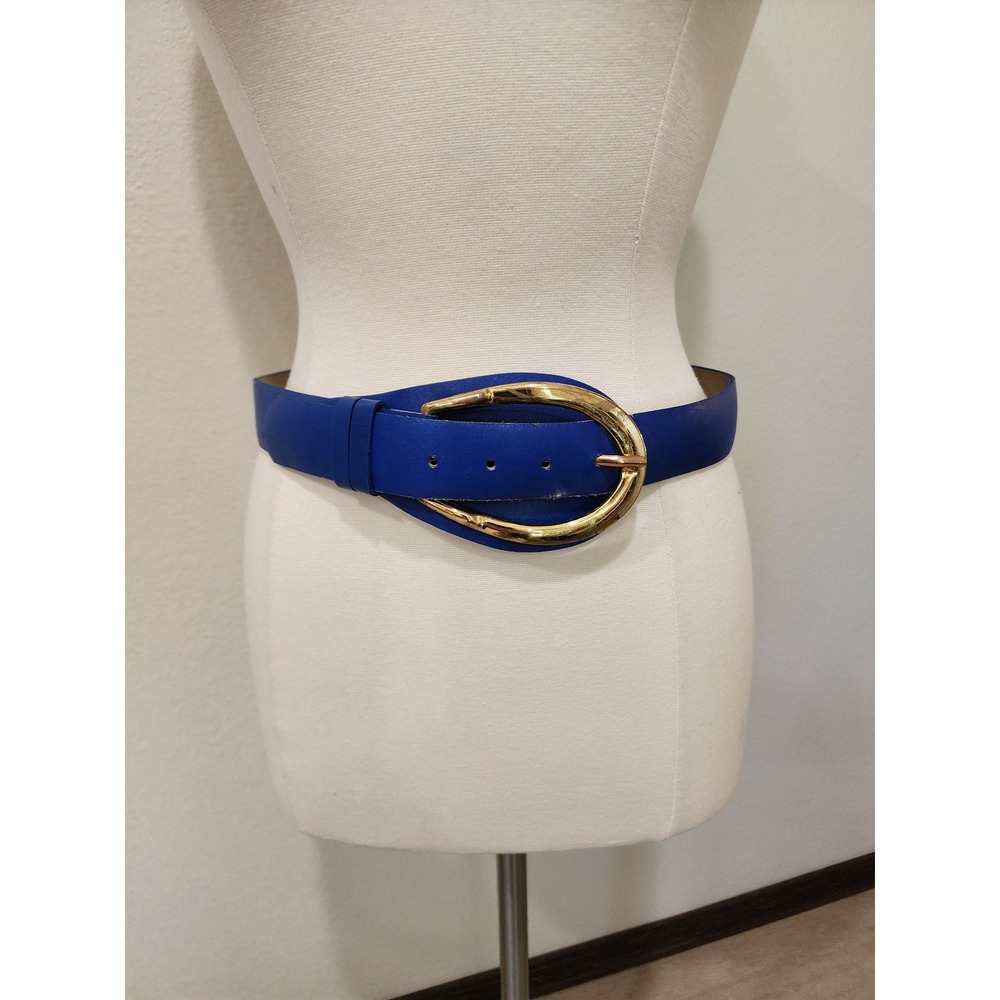 Vintage Kaino 80s Belt Royal Blue Large Gold Buckle Leather size Large